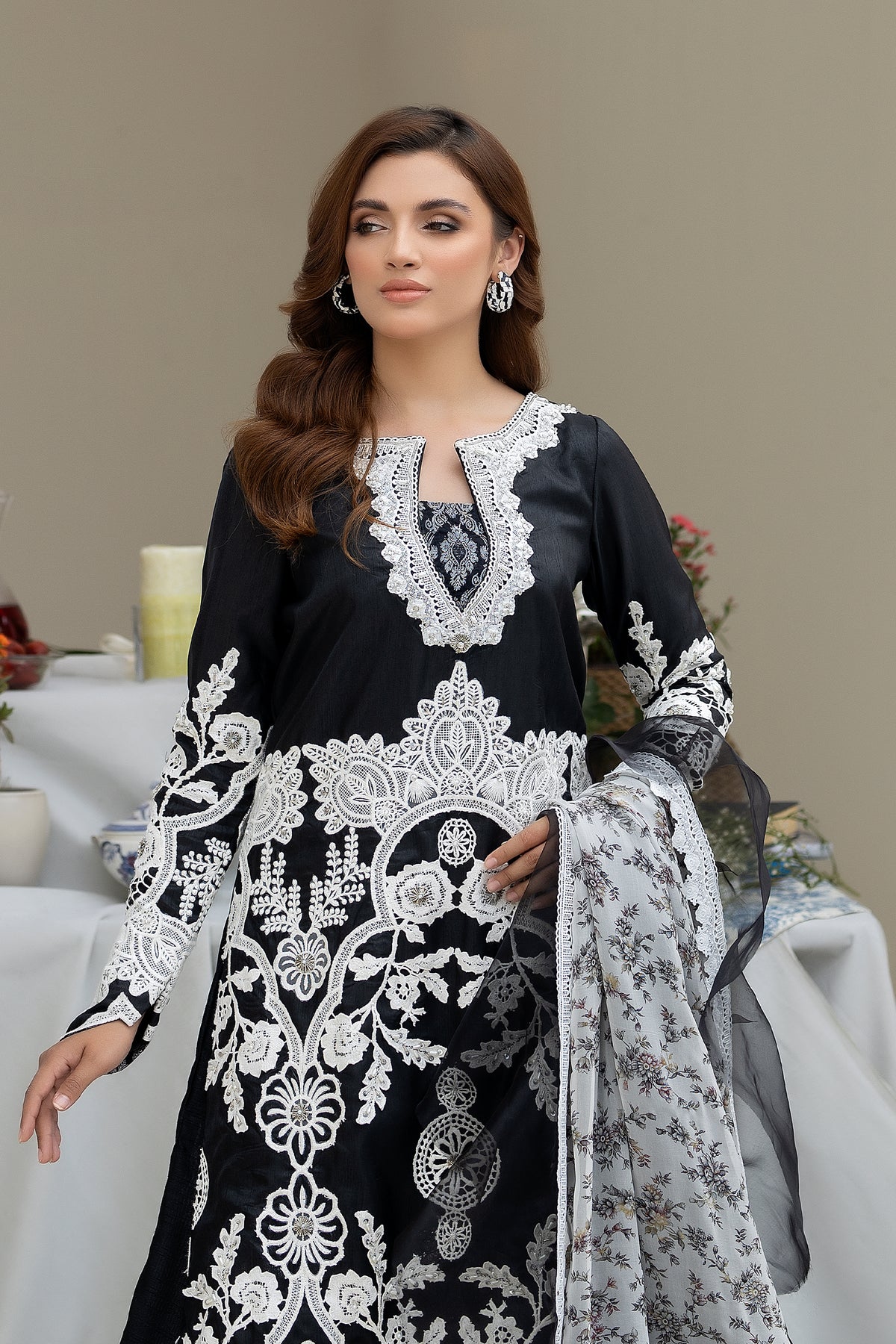 Pakistani Black Embroidered Raw Silk Long Dress (3-Piece) - Image 5