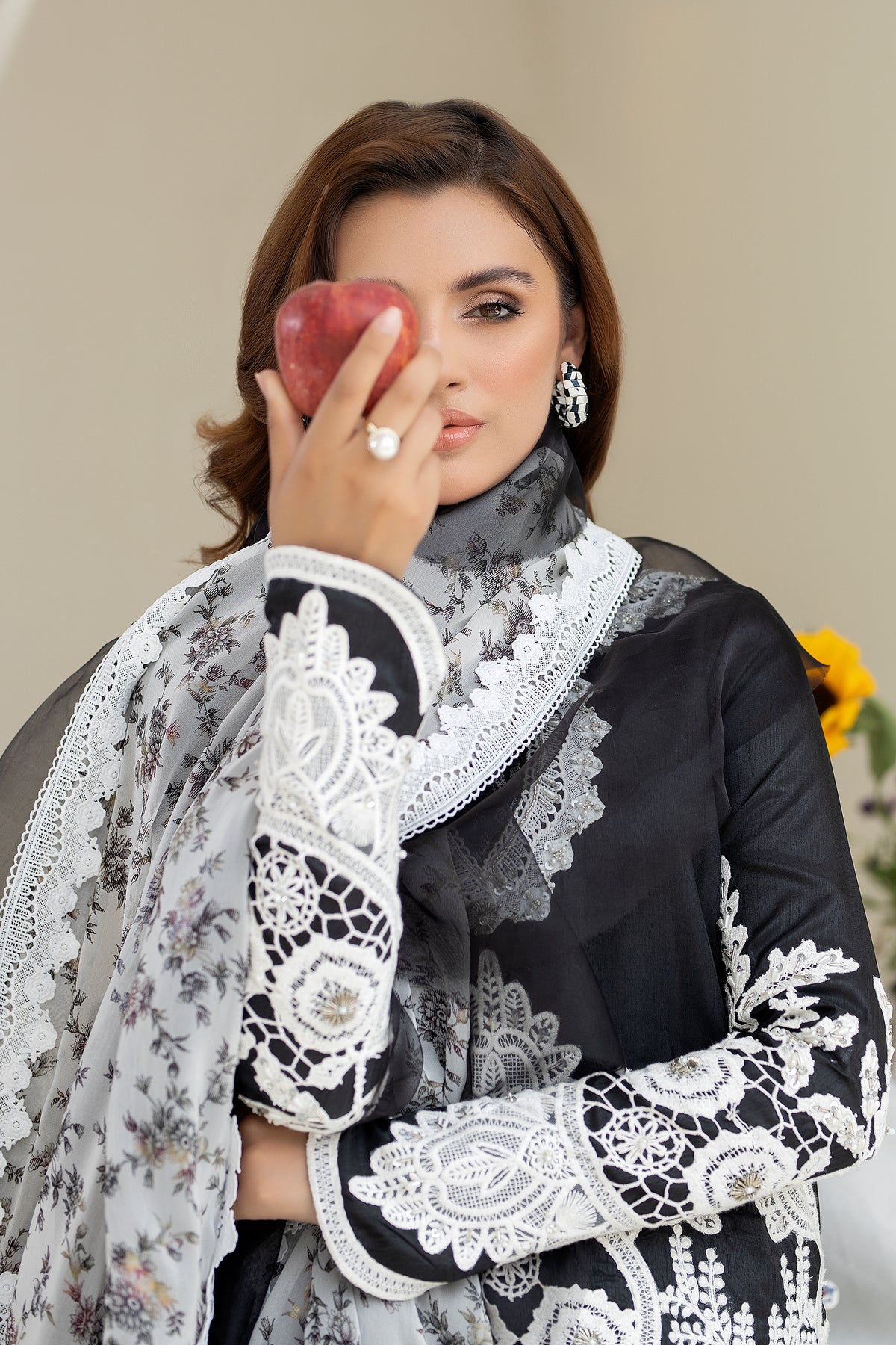 Pakistani Black Embroidered Raw Silk Long Dress (3-Piece) - Image 6