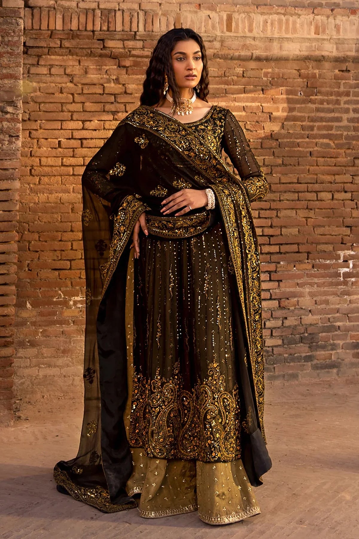 Pakistani Black Embroidered Raw Silk & Chiffon Salwar Kameez (3-Piece) - Image 1