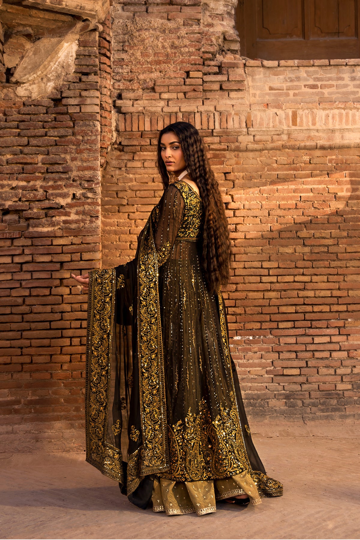 Pakistani Black Embroidered Raw Silk & Chiffon Salwar Kameez (3-Piece) - Image 3