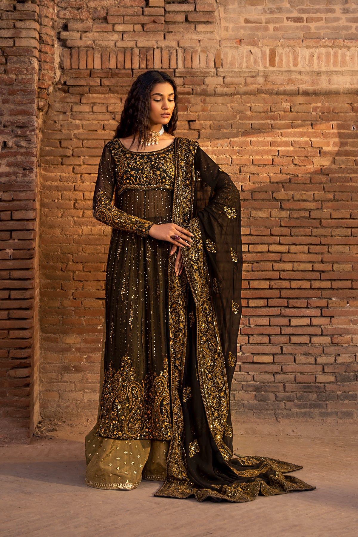 Pakistani Black Embroidered Raw Silk & Chiffon Salwar Kameez (3-Piece) - Image 4