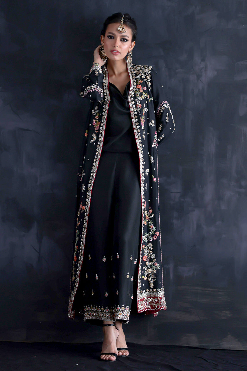 Black Zardozi & Aari Raw Silk Jacket & Izaar (3-Piece) - Image 1