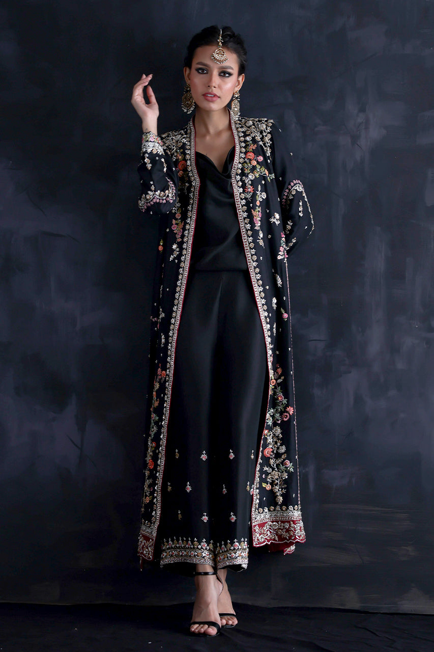 Black Zardozi & Aari Raw Silk Jacket & Izaar (3-Piece) - Image 2