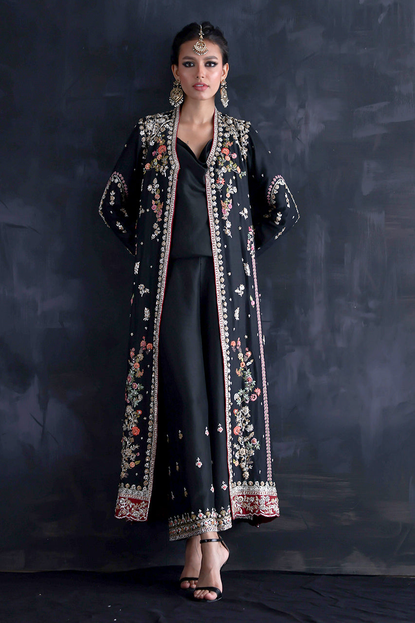 Black Zardozi & Aari Raw Silk Jacket & Izaar (3-Piece) - Image 3