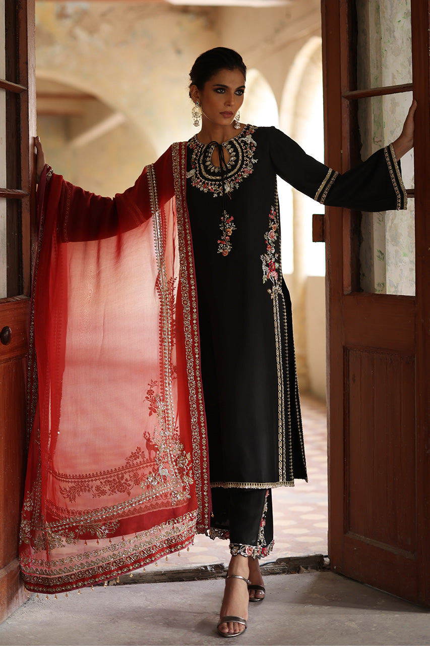Black Zardozi Raw Silk Salwar Kameez (3-Piece) - Image 1