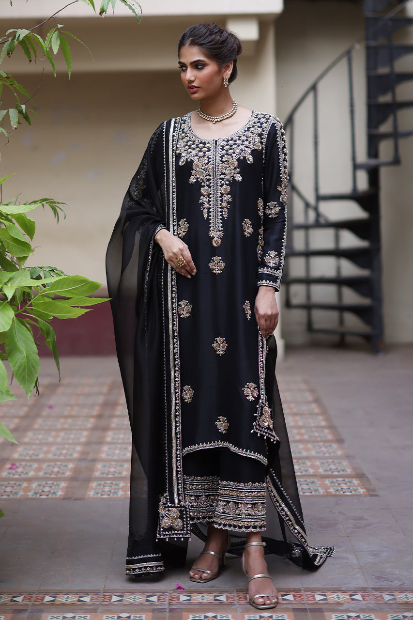 Pakistani Black Zardozi Embroidered Raw Silk Kurta Set (3-Piece) - Image 1