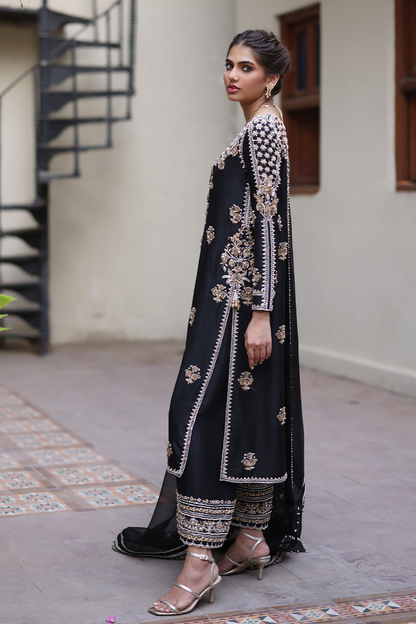 Pakistani Black Zardozi Embroidered Raw Silk Kurta Set (3-Piece) - Image 2