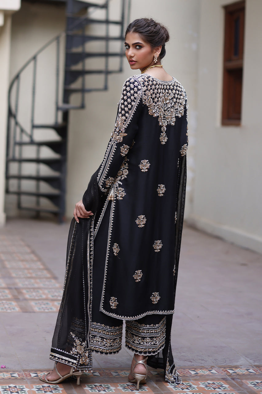 Pakistani Black Zardozi Embroidered Raw Silk Kurta Set (3-Piece) - Image 5