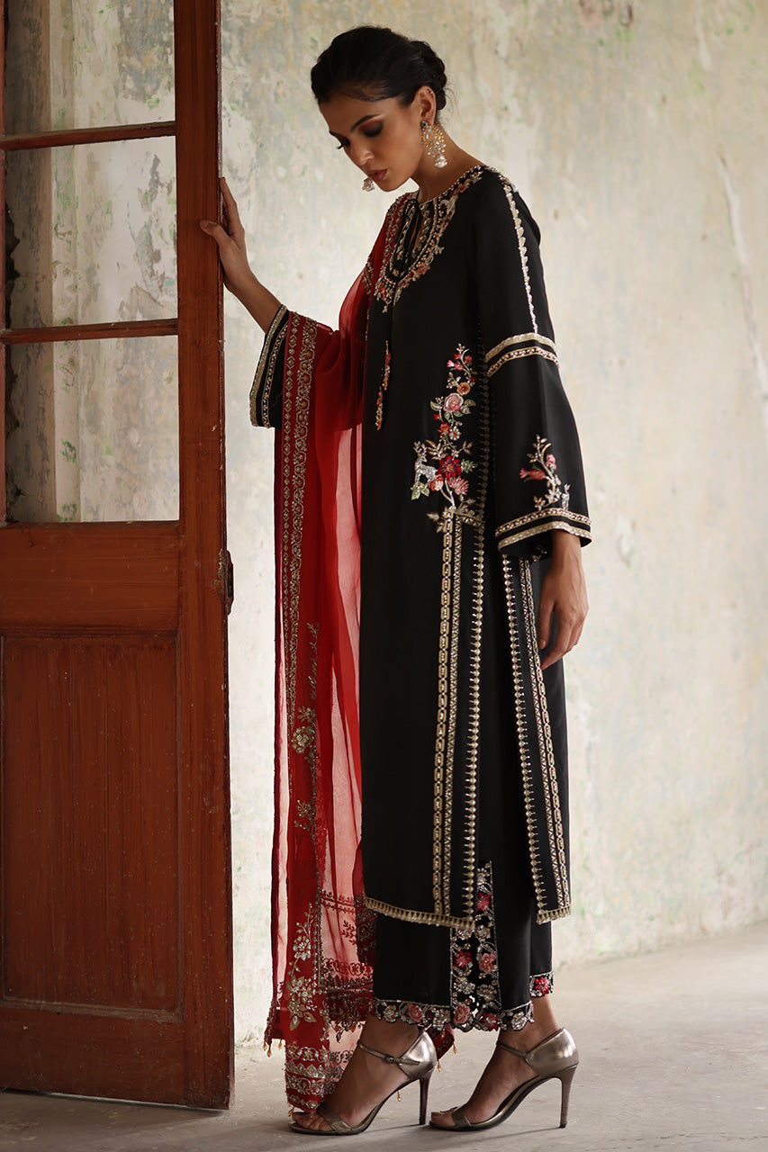 Pakistani Black Zardozi Raw Silk Salwar Kameez (3-Piece) - Image 3