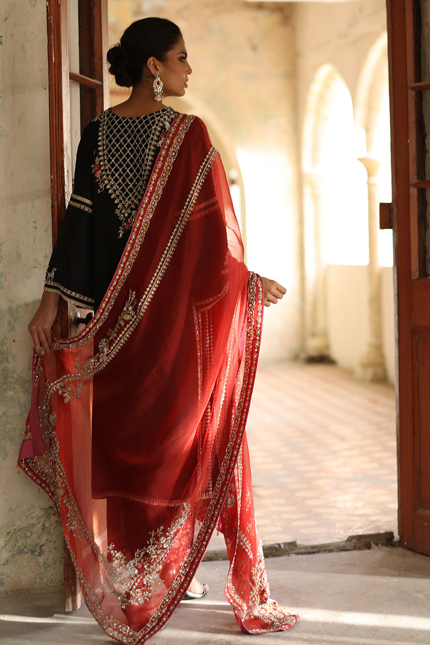 Pakistani Black Zardozi Raw Silk Salwar Kameez (3-Piece) - Image 4