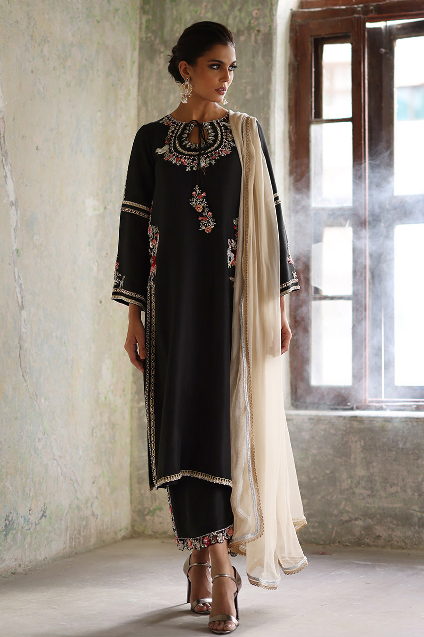 Pakistani Black Zardozi & Resham Raw Silk Salwar Kameez (3-Piece) - Image 1