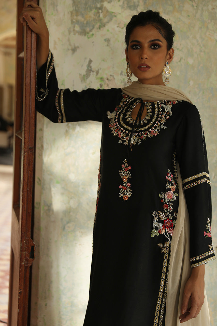Pakistani Black Zardozi & Resham Raw Silk Salwar Kameez (3-Piece) - Image 3