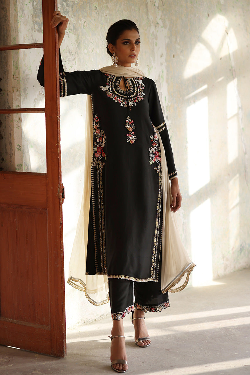 Pakistani Black Zardozi & Resham Raw Silk Salwar Kameez (3-Piece) - Image 4