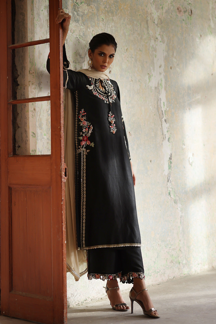 Pakistani Black Zardozi & Resham Raw Silk Salwar Kameez (3-Piece) - Image 6