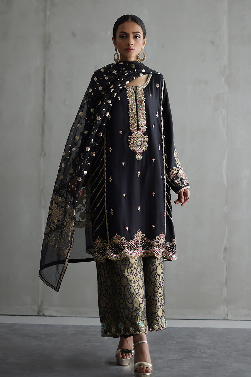 Pakistani Black Zardozi Raw Silk Salwar Kameez (3-Piece) - Image 1