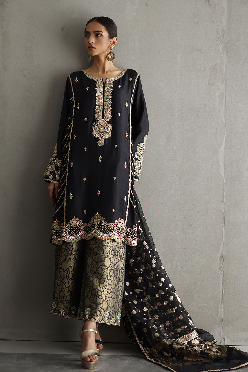 Pakistani Black Zardozi Raw Silk Salwar Kameez (3-Piece) - Image 2