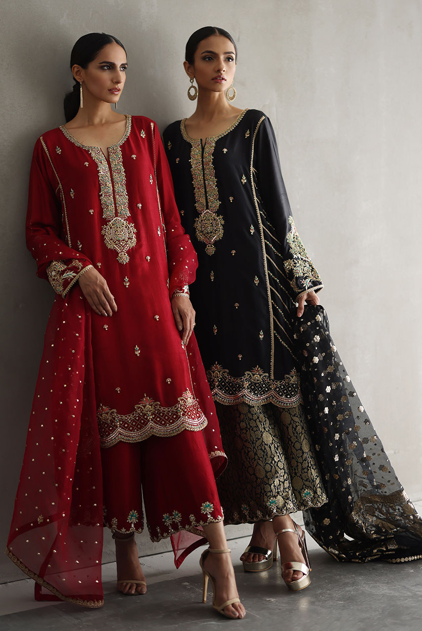 Pakistani Black Zardozi Raw Silk Salwar Kameez (3-Piece) - Image 5