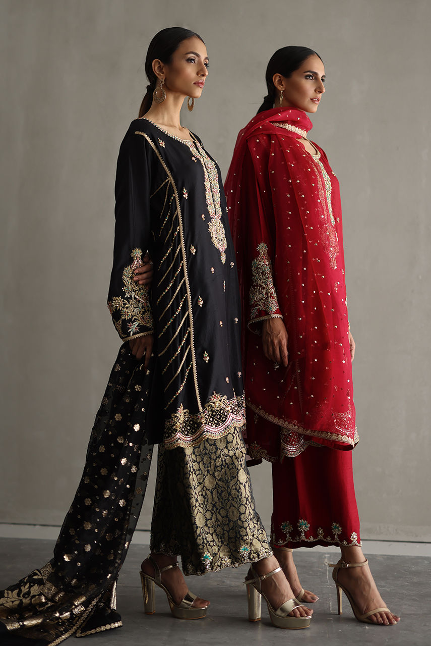 Pakistani Black Zardozi Raw Silk Salwar Kameez (3-Piece) - Image 6