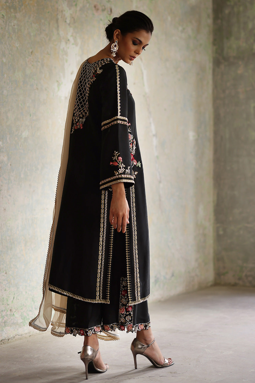 Black Zardozi Embroidered Raw Silk Salwar Kameez (3-Piece) - Image 5