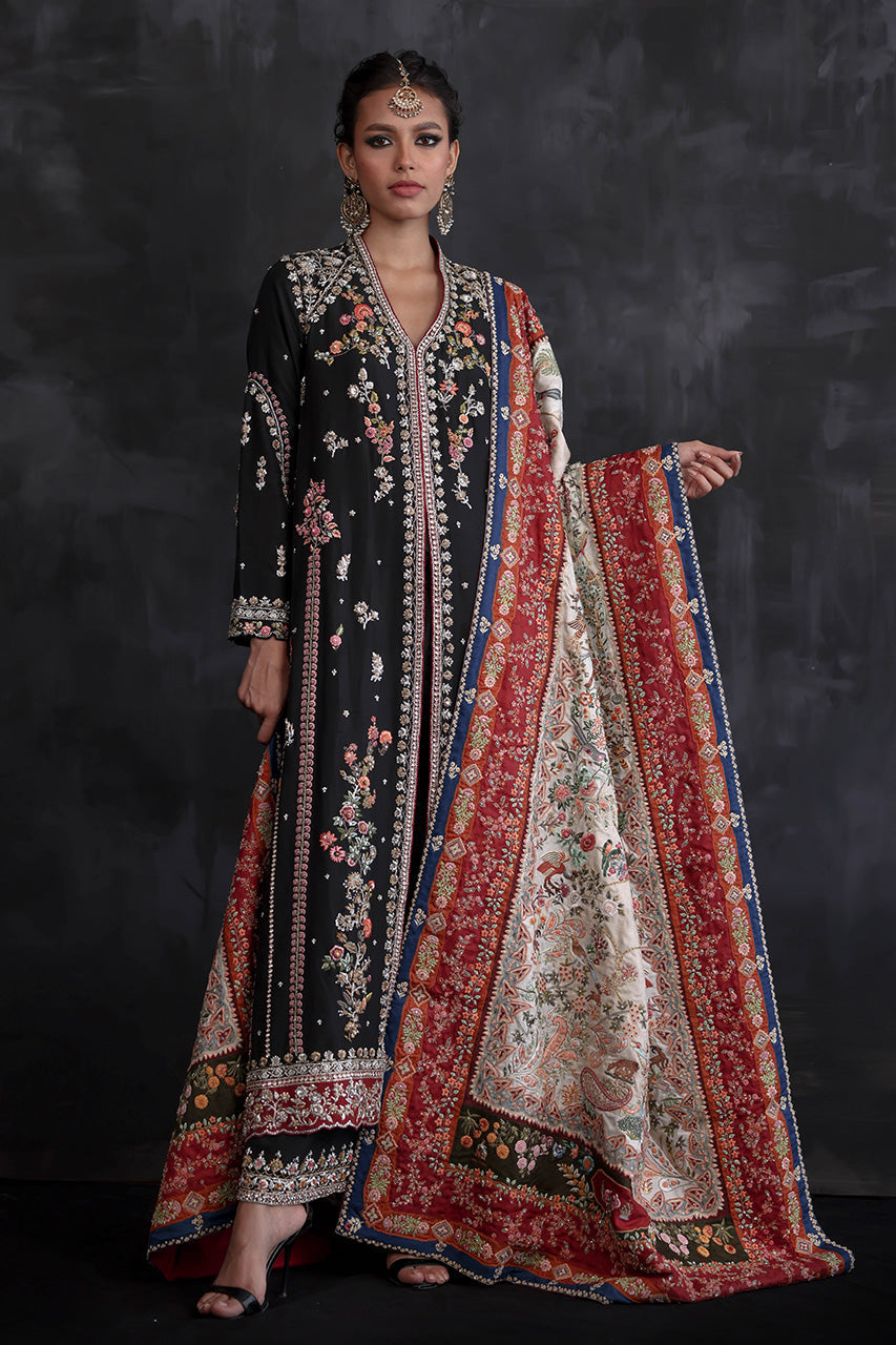 Pakistani Black Zardozi Raw Silk Salwar Kameez (3-Piece) - Image 2