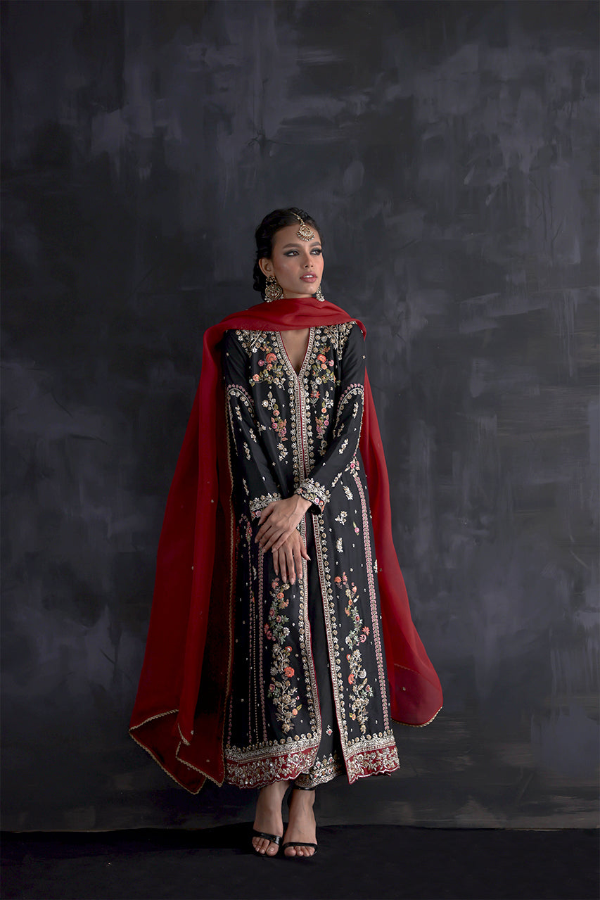 Pakistani Black Zardozi Raw Silk Salwar Kameez (3-Piece) - Image 7