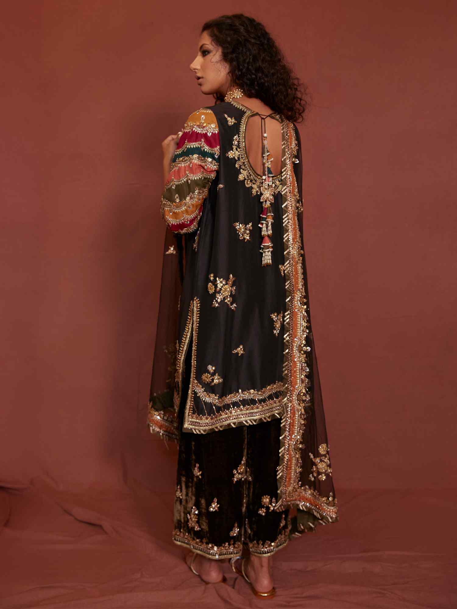Black Zardozi Raw Silk Velvet Salwar Kameez (3-Piece) - Image 4
