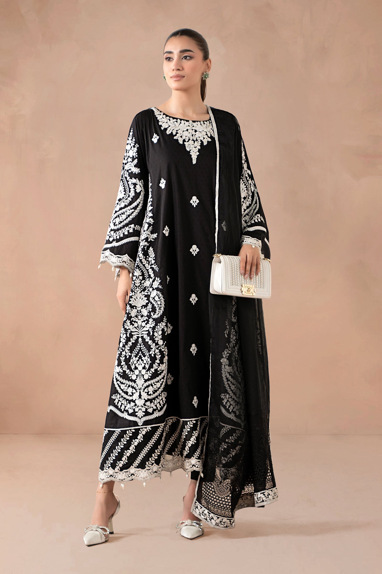 Black Embroidered Self Jacquard Lawn Suit (3-Piece) - Image 1