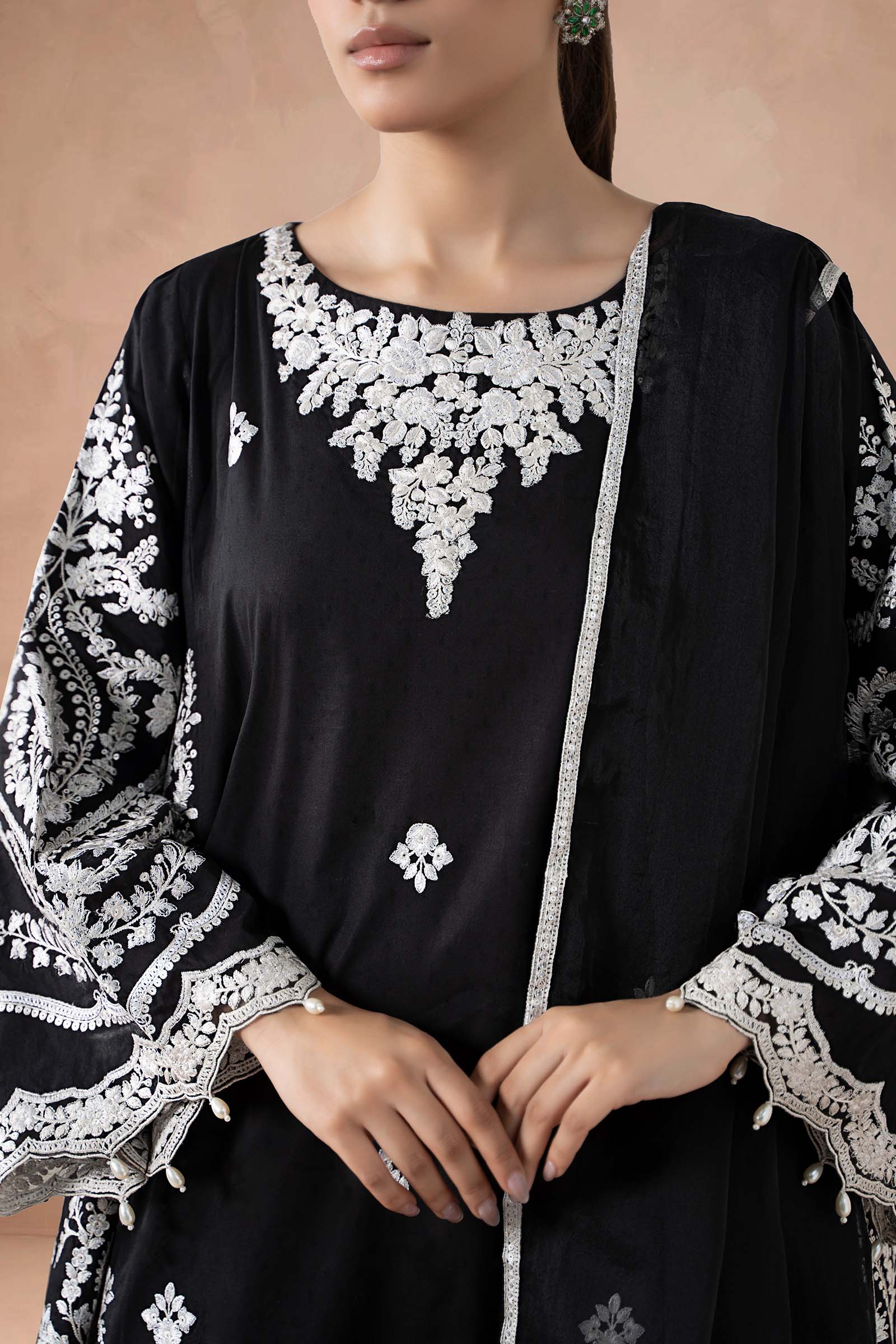 Black Embroidered Self Jacquard Lawn Suit (3-Piece) - Image 2