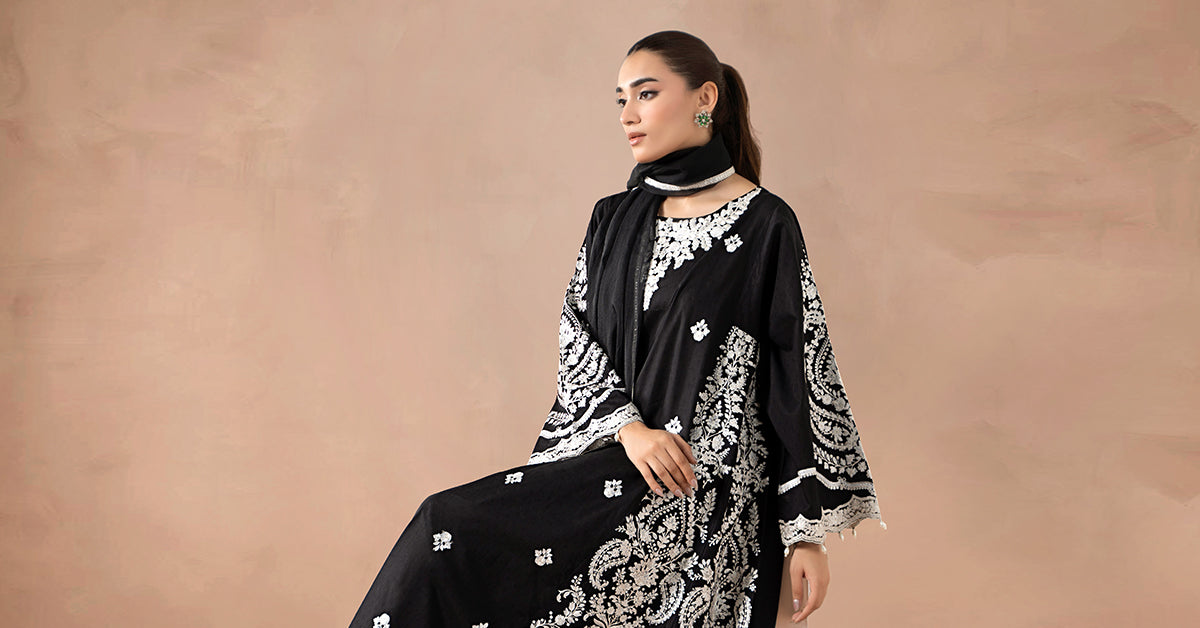 Black Embroidered Self Jacquard Lawn Suit (3-Piece) - Image 9