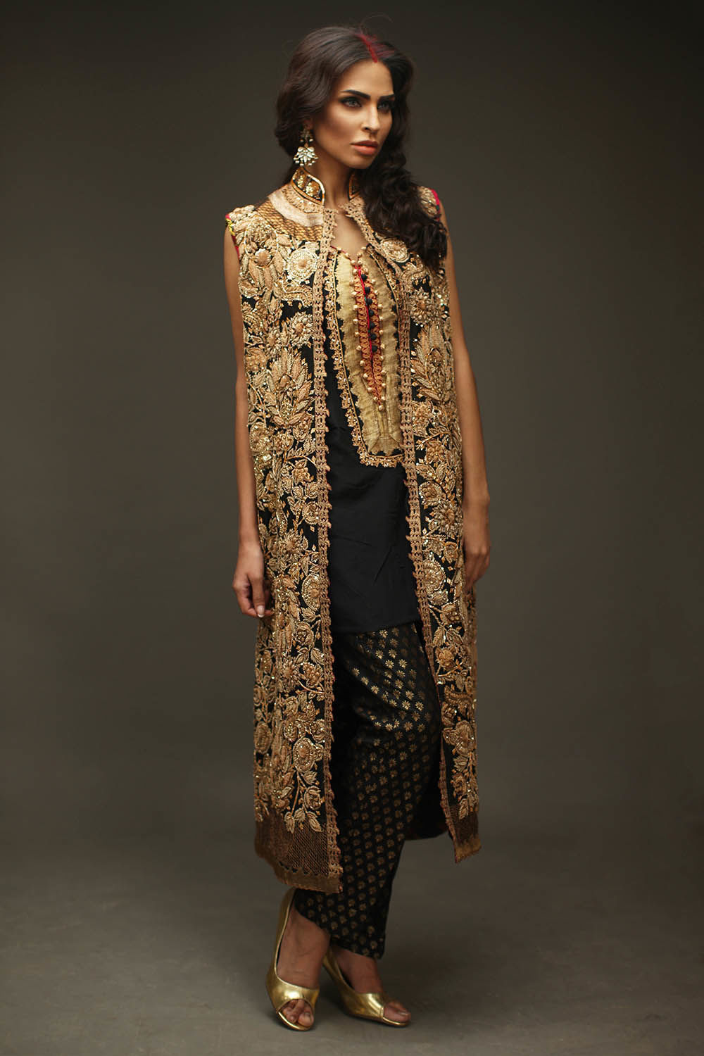 Black Zardozi Sheesha Silk Long Jacket (2-Piece) - Image 1