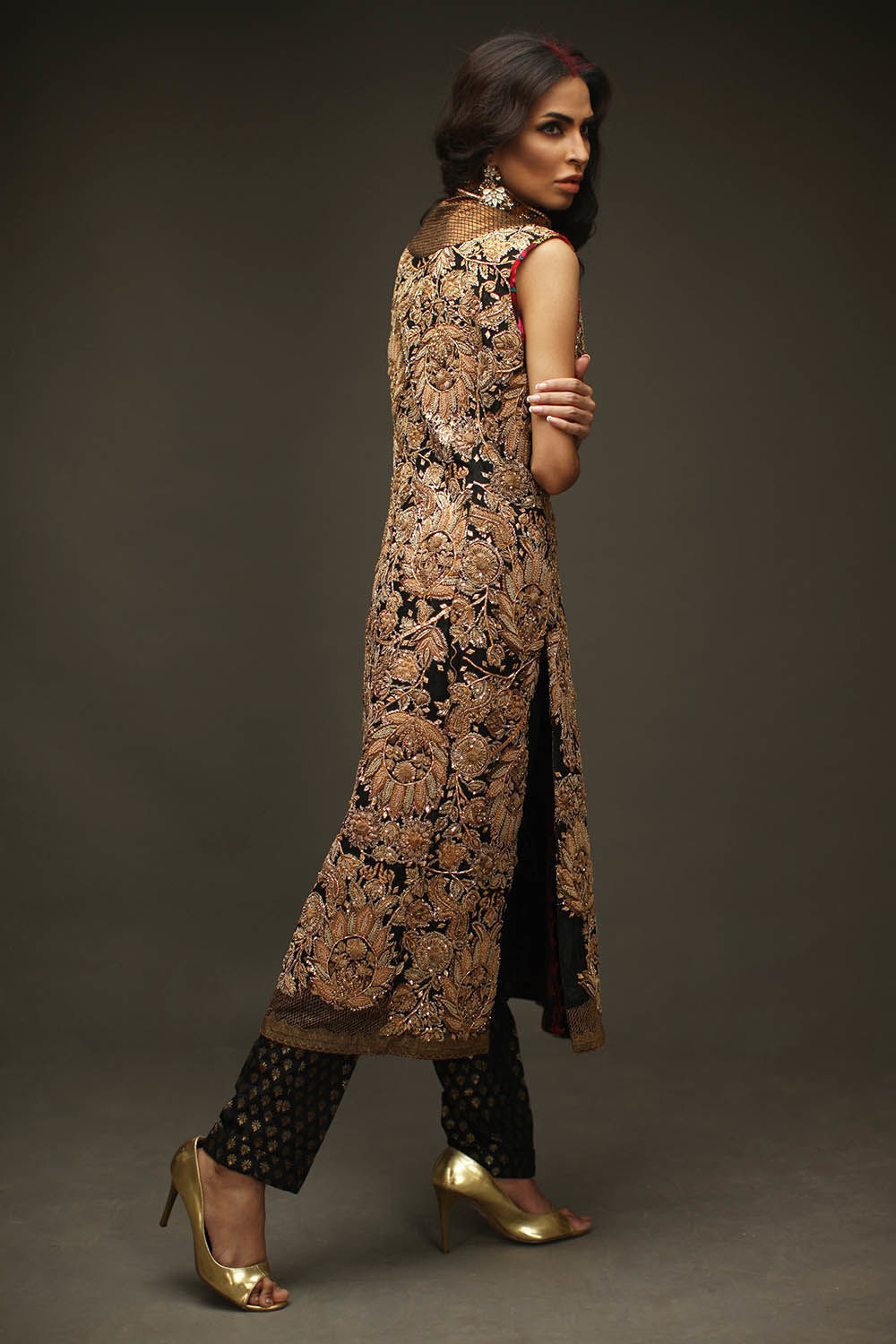 Black Zardozi Sheesha Silk Long Jacket (2-Piece) - Image 6