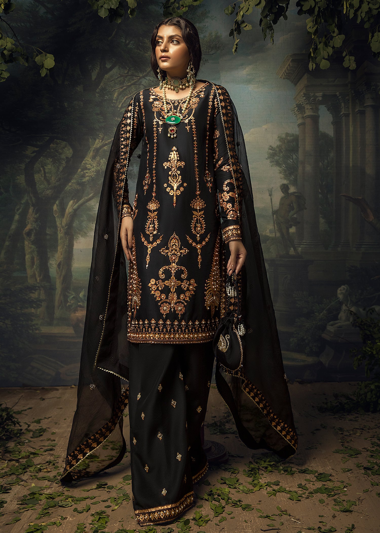 Pakistani Black Hand-Embellished Silk-Blend Salwar Kameez (3-Piece) - Image 1