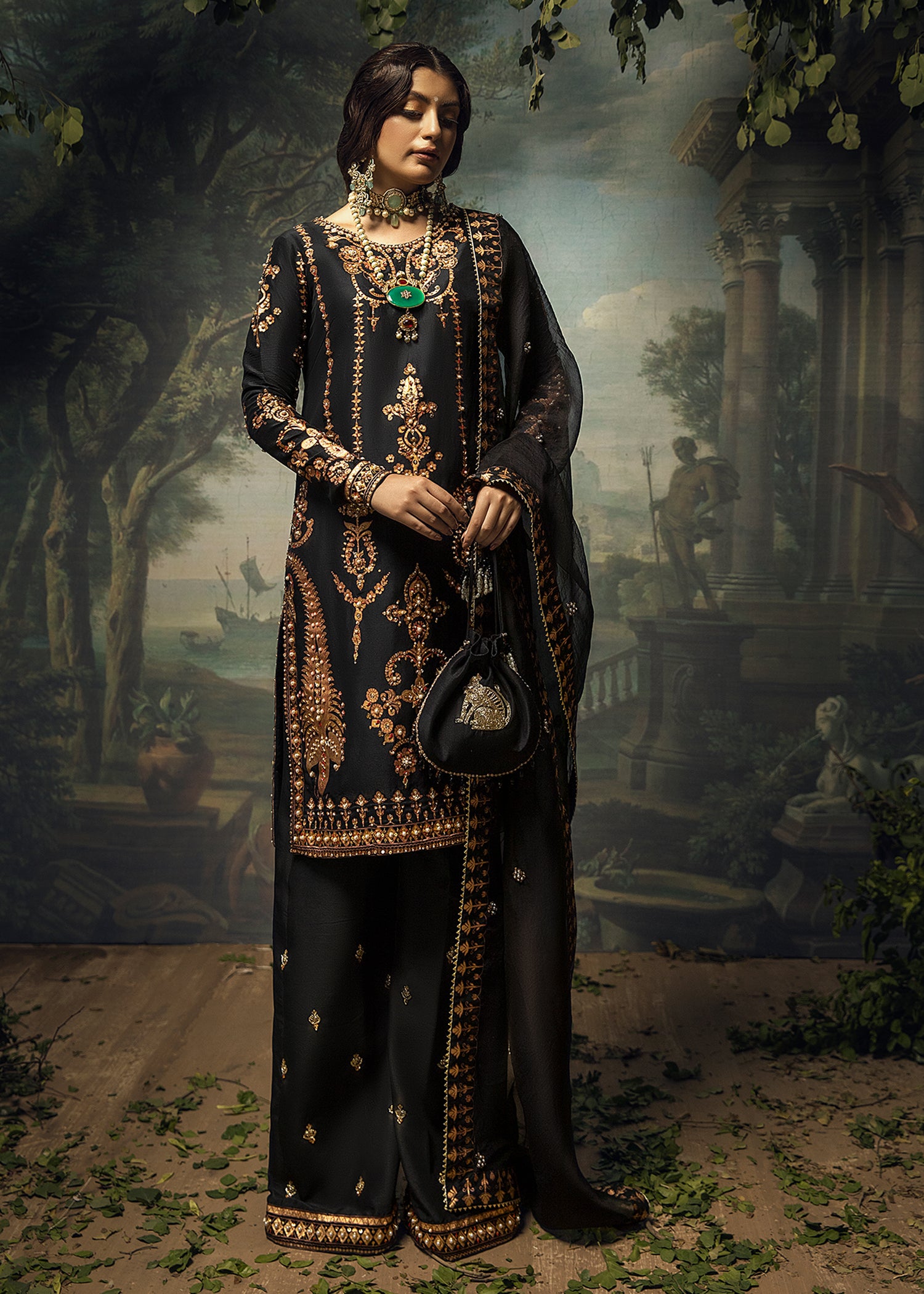 Pakistani Black Hand-Embellished Silk-Blend Salwar Kameez (3-Piece) - Image 4