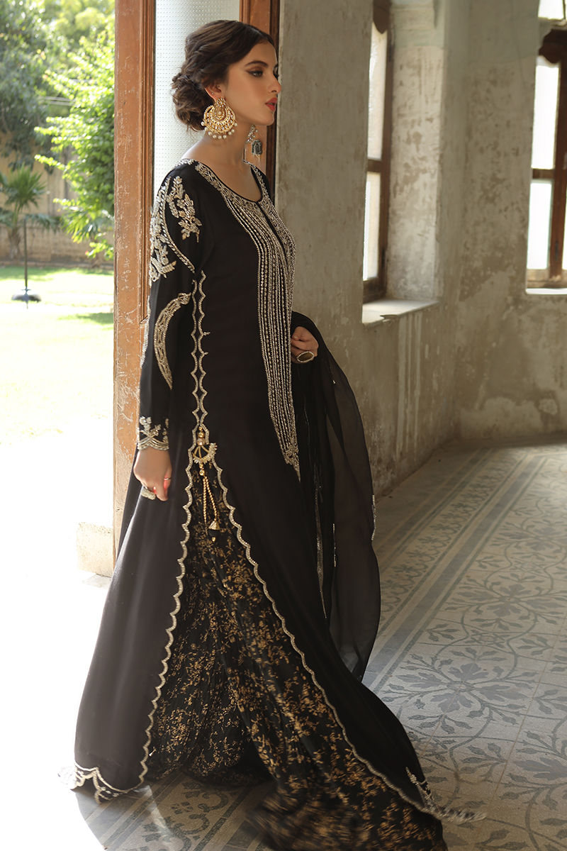 Black Embroidered Silk Salwar Kameez (3-Piece) - Image 2