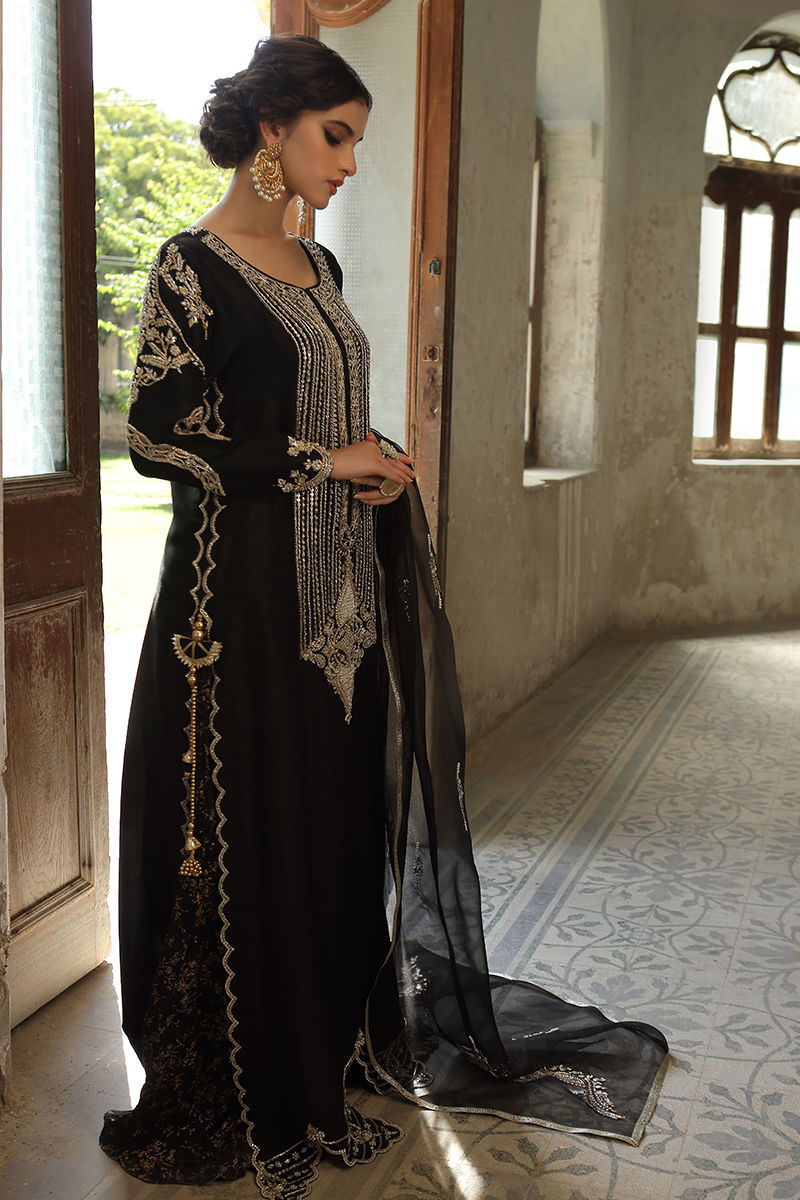 Black Embroidered Silk Salwar Kameez (3-Piece) - Image 3