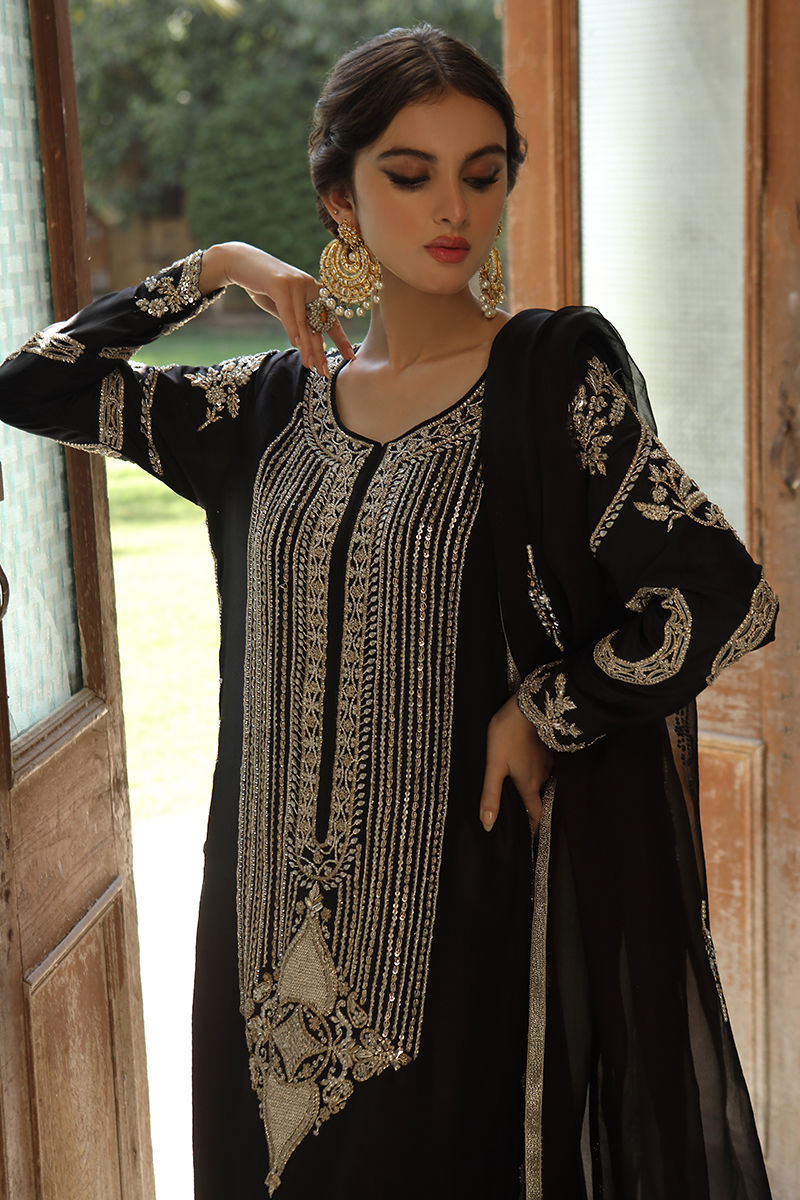 Black Embroidered Silk Salwar Kameez (3-Piece) - Image 4