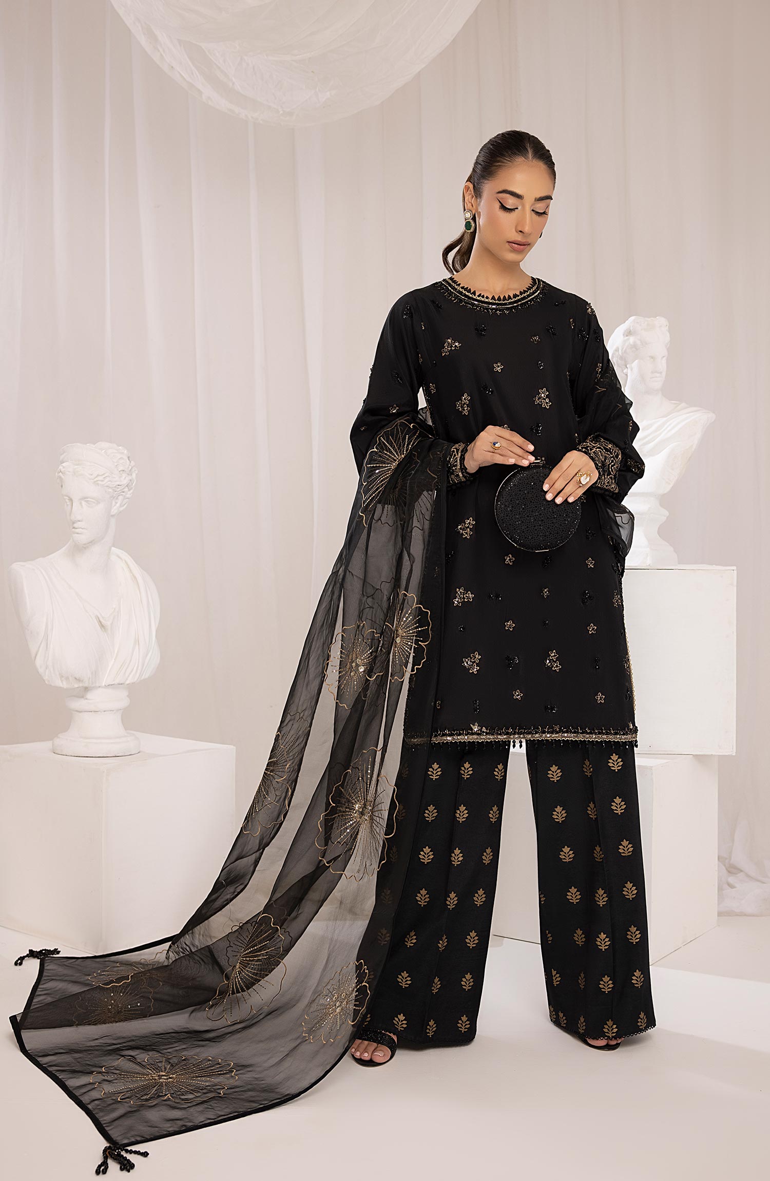 Black Resham & Tilla Silk Organza Salwar Kameez (3-Piece) - Image 1