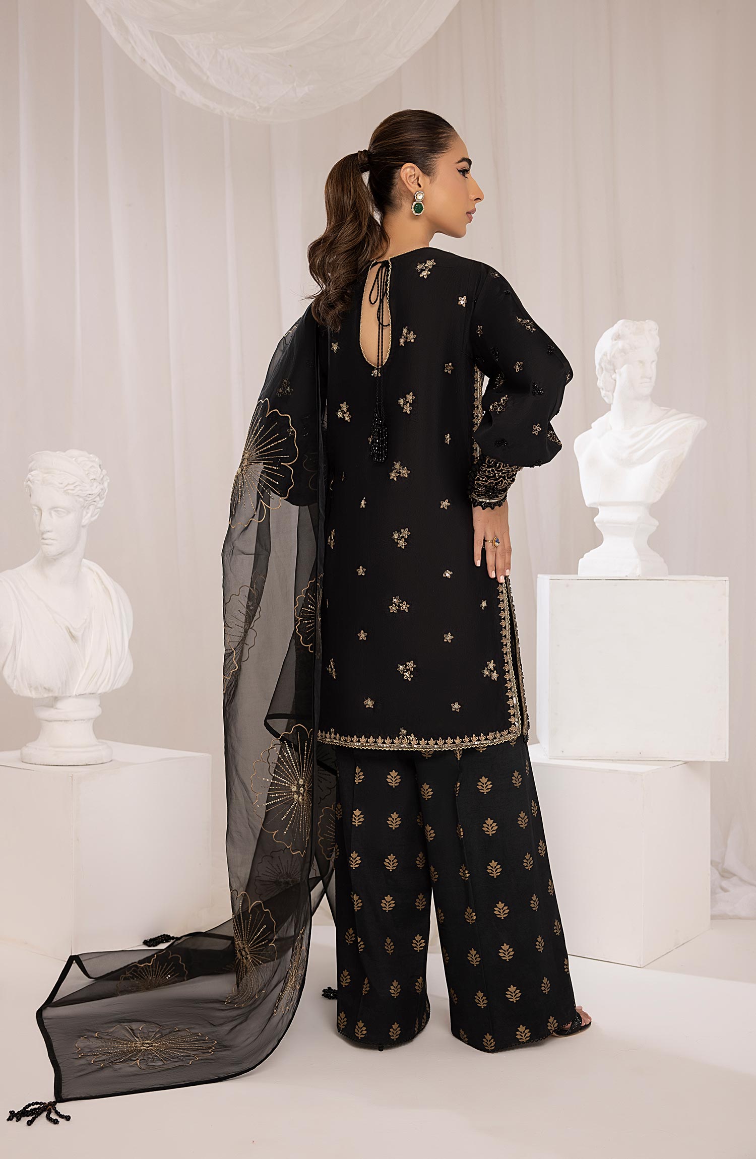 Black Resham & Tilla Silk Organza Salwar Kameez (3-Piece) - Image 2