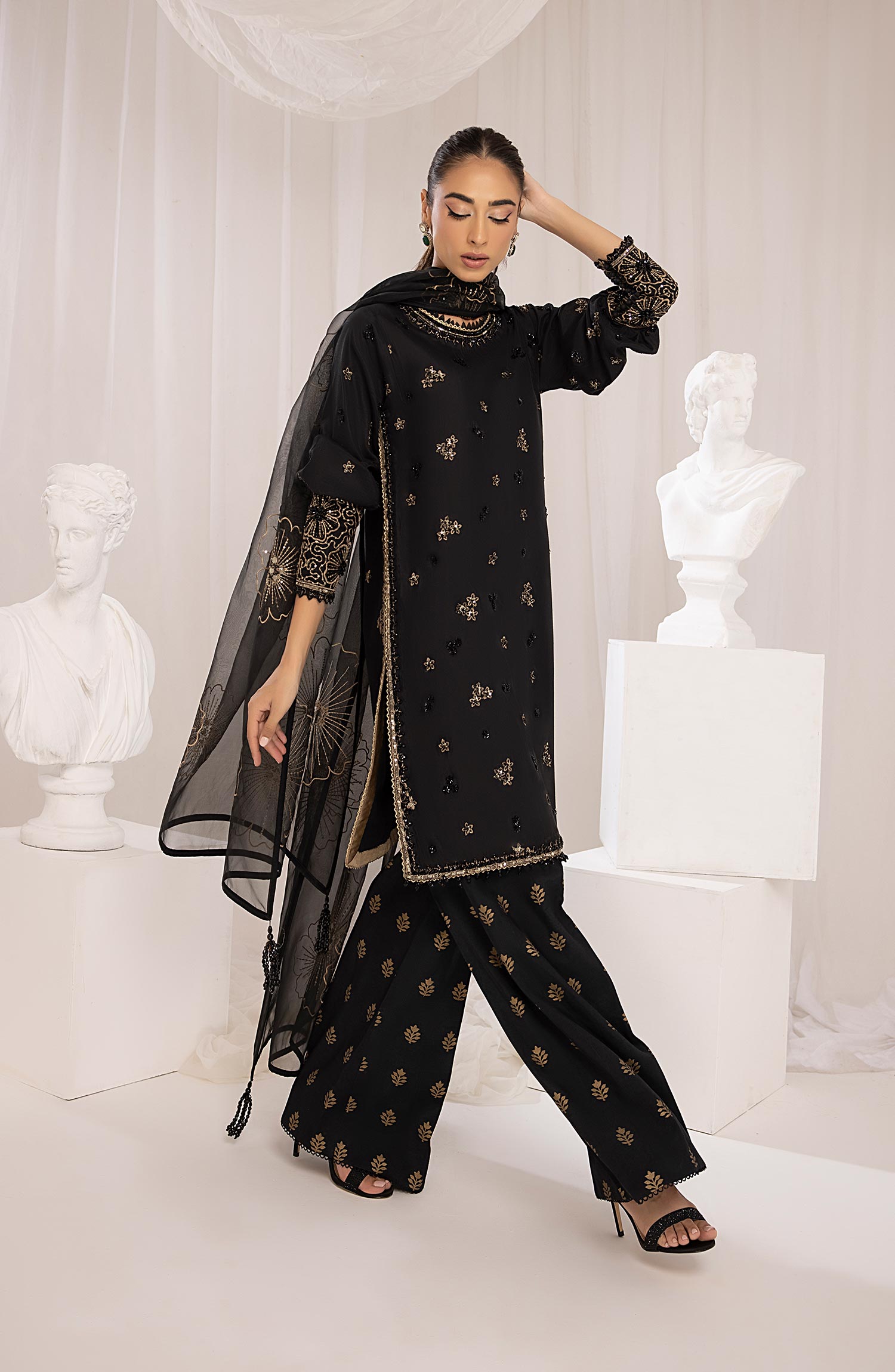 Black Resham & Tilla Silk Organza Salwar Kameez (3-Piece) - Image 3