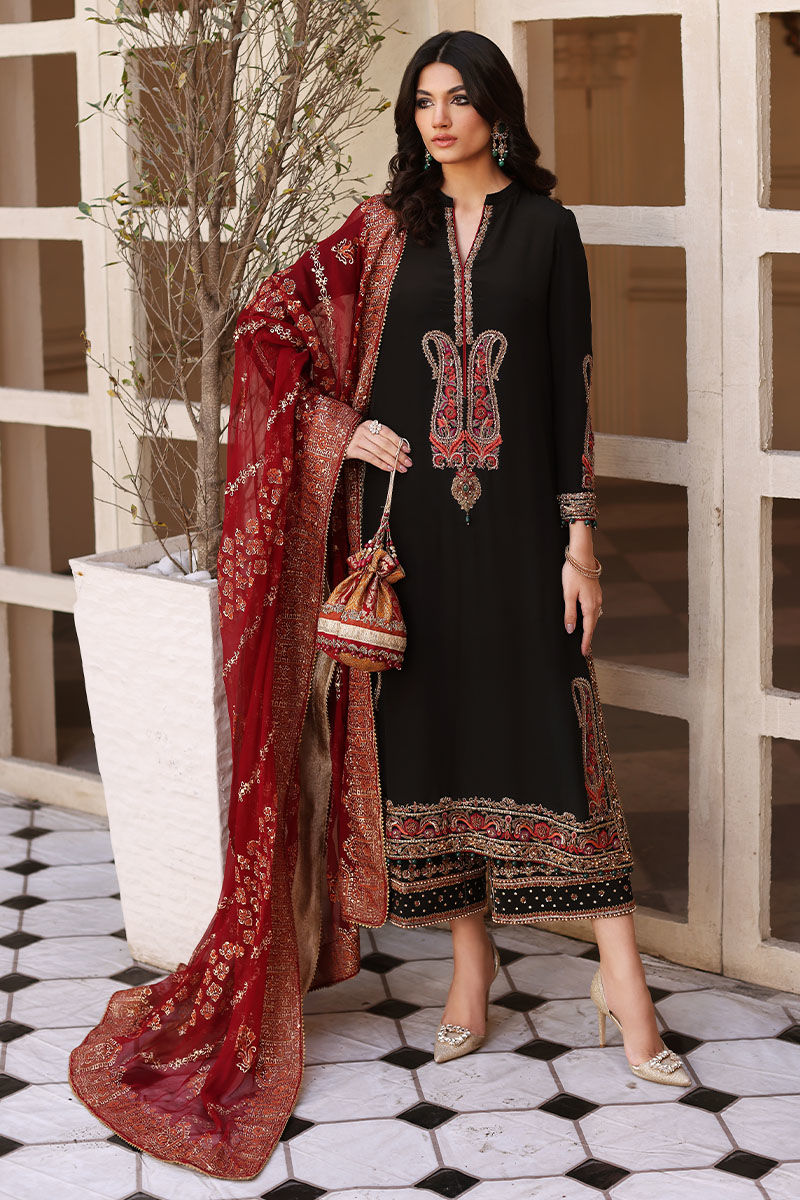 Pakistani Black Resham & Zardozi Silk Salwar Kameez (3-Piece) - Image 1