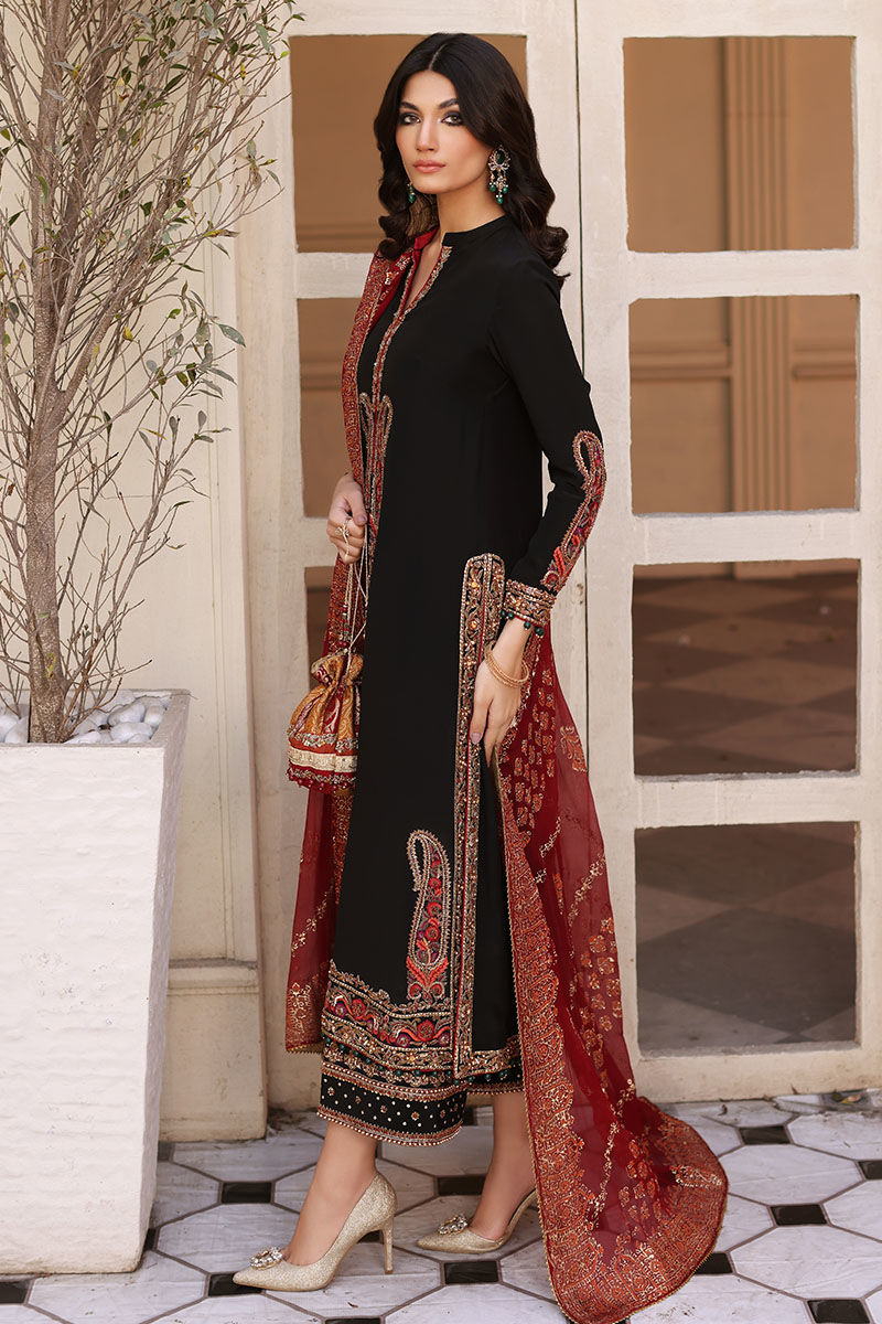 Pakistani Black Resham & Zardozi Silk Salwar Kameez (3-Piece) - Image 3