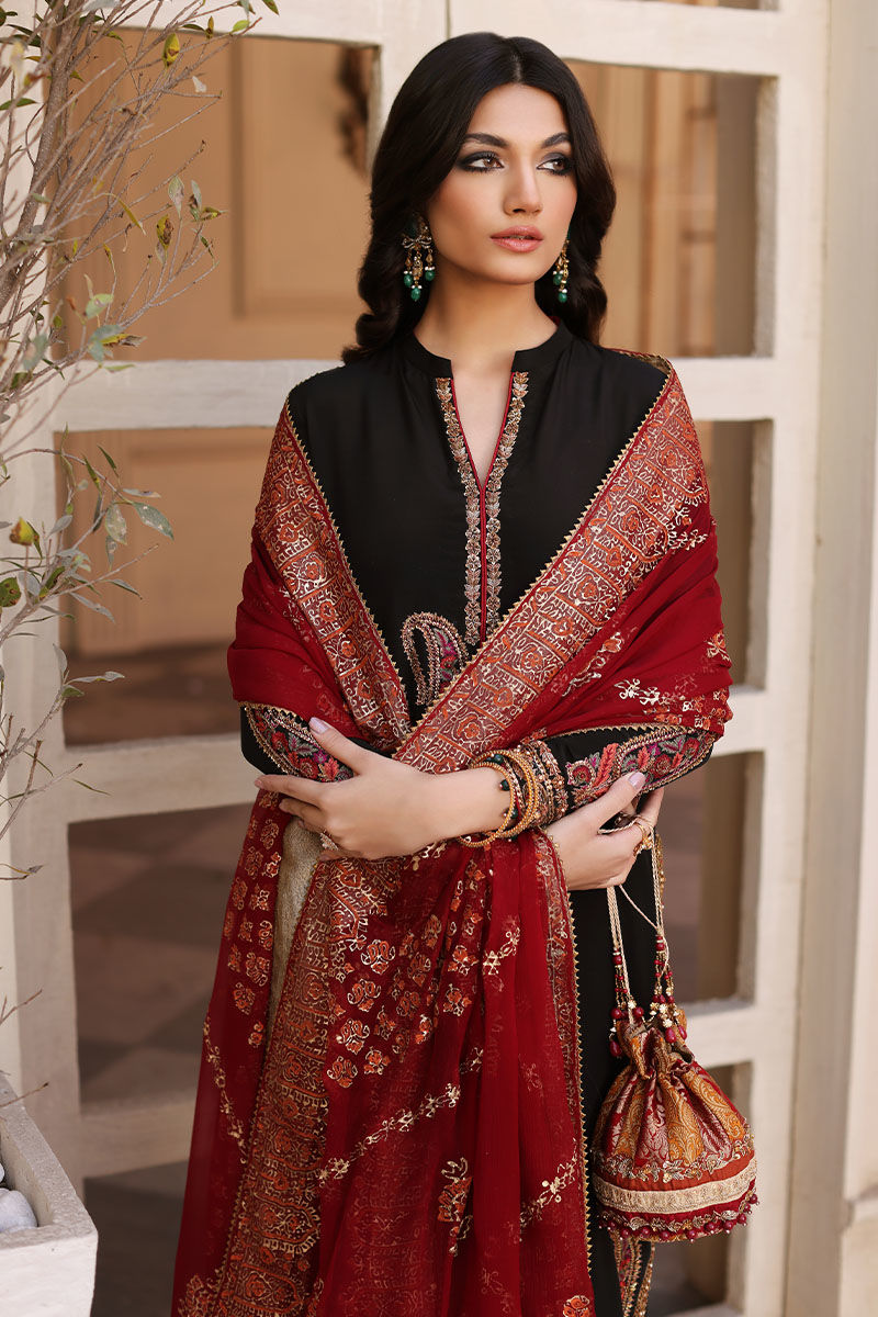 Pakistani Black Resham & Zardozi Silk Salwar Kameez (3-Piece) - Image 4
