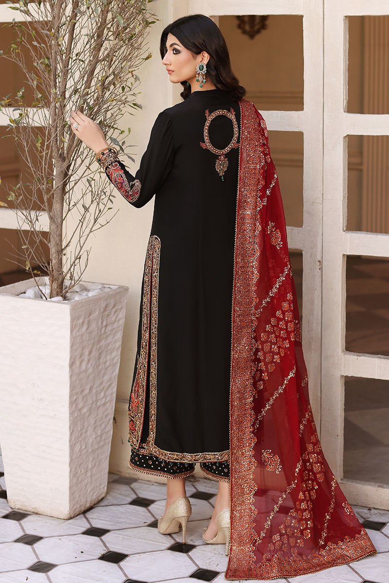 Pakistani Black Resham & Zardozi Silk Salwar Kameez (3-Piece) - Image 6