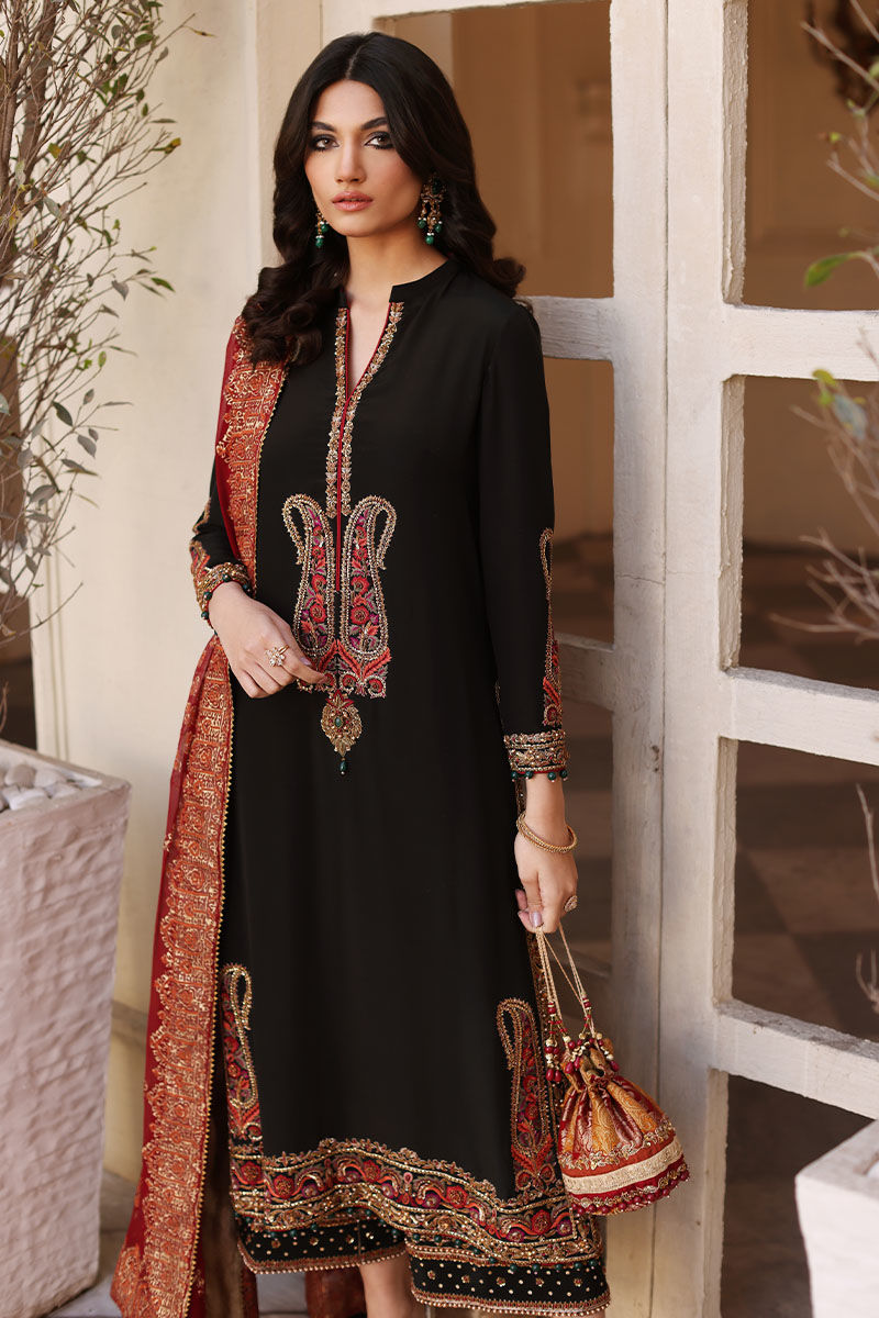 Pakistani Black Resham & Zardozi Silk Salwar Kameez (3-Piece) - Image 7
