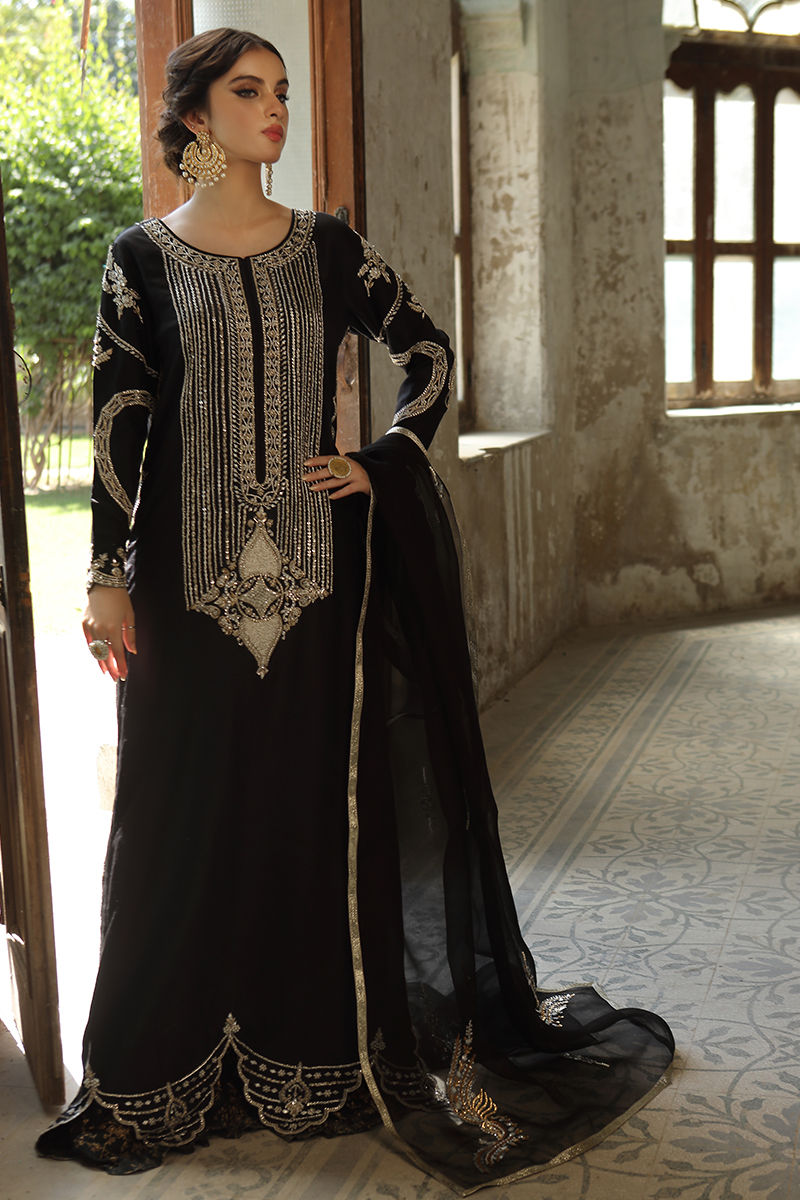 Pakistani Black Zari Sequin Silk Kameez Set (3-Piece) - Image 1