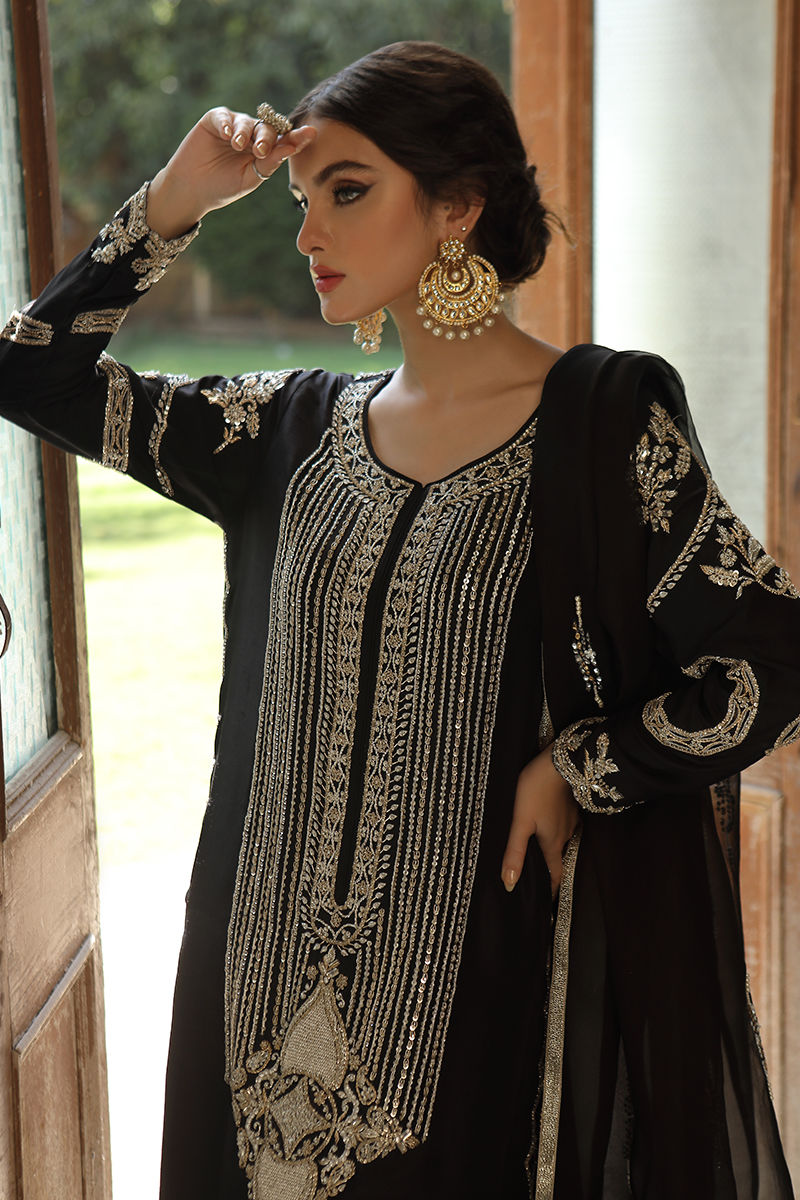 Pakistani Black Zari Sequin Silk Kameez Set (3-Piece) - Image 5