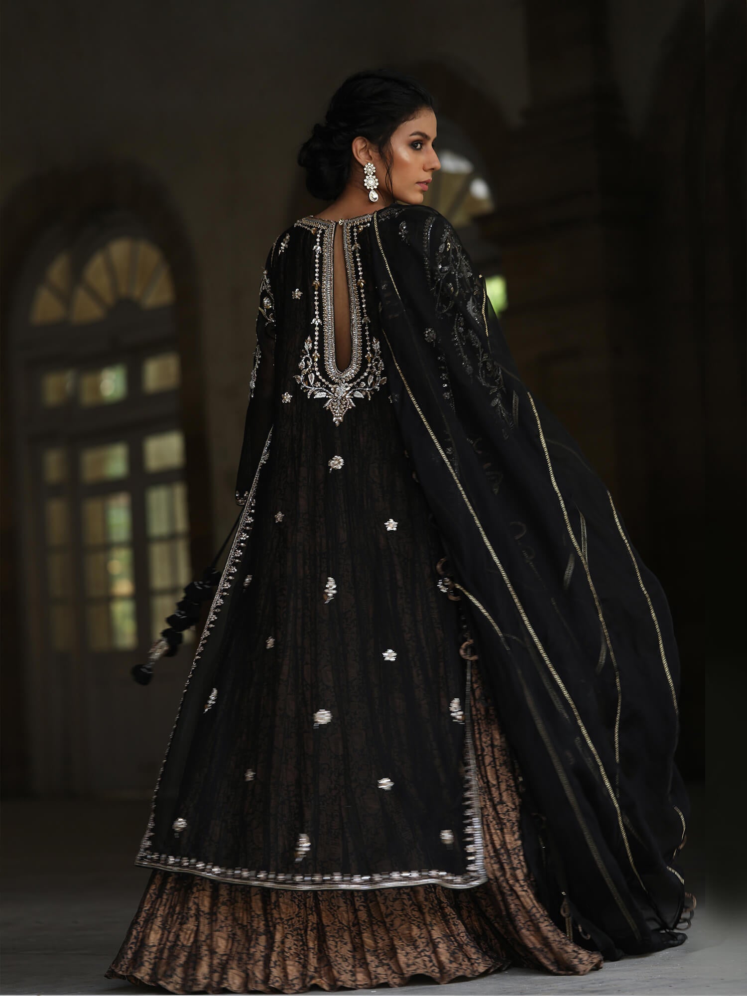 Pakistani Black Embroidered Spun Net Salwar Kameez (3-Piece) - Image 1