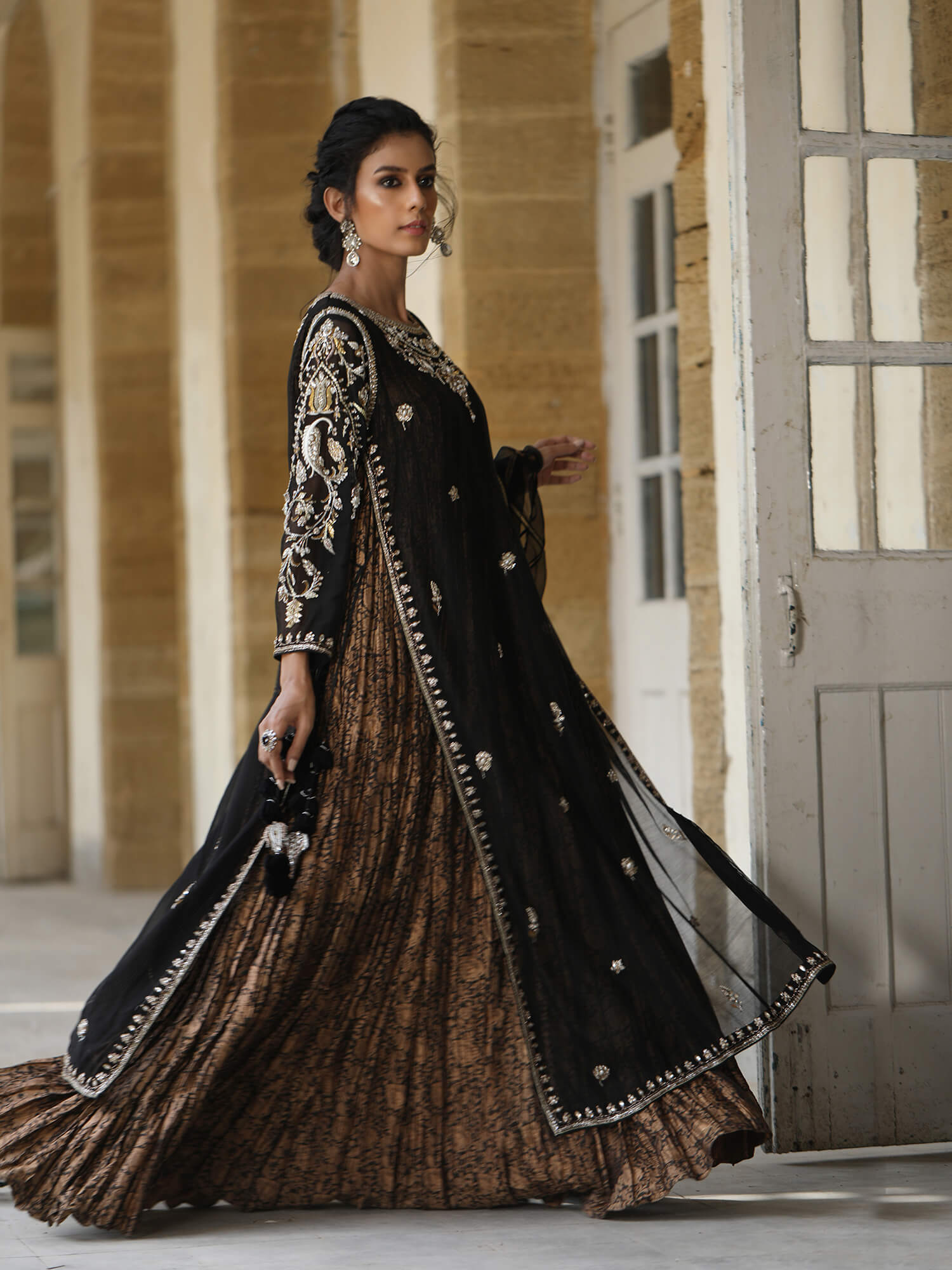 Pakistani Black Embroidered Spun Net Salwar Kameez (3-Piece) - Image 2