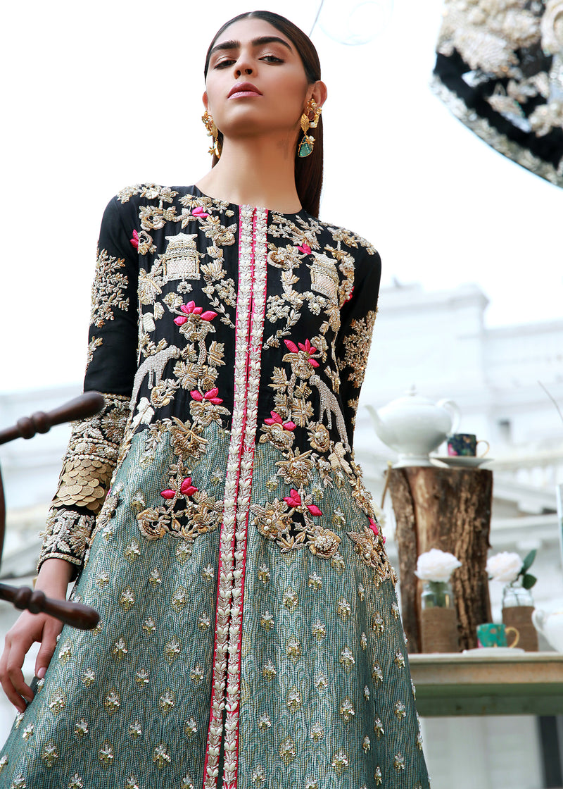 Pakistani Black & Teal Embroidered Tissue Rawsilk Jacket (2-Piece) - Image 1
