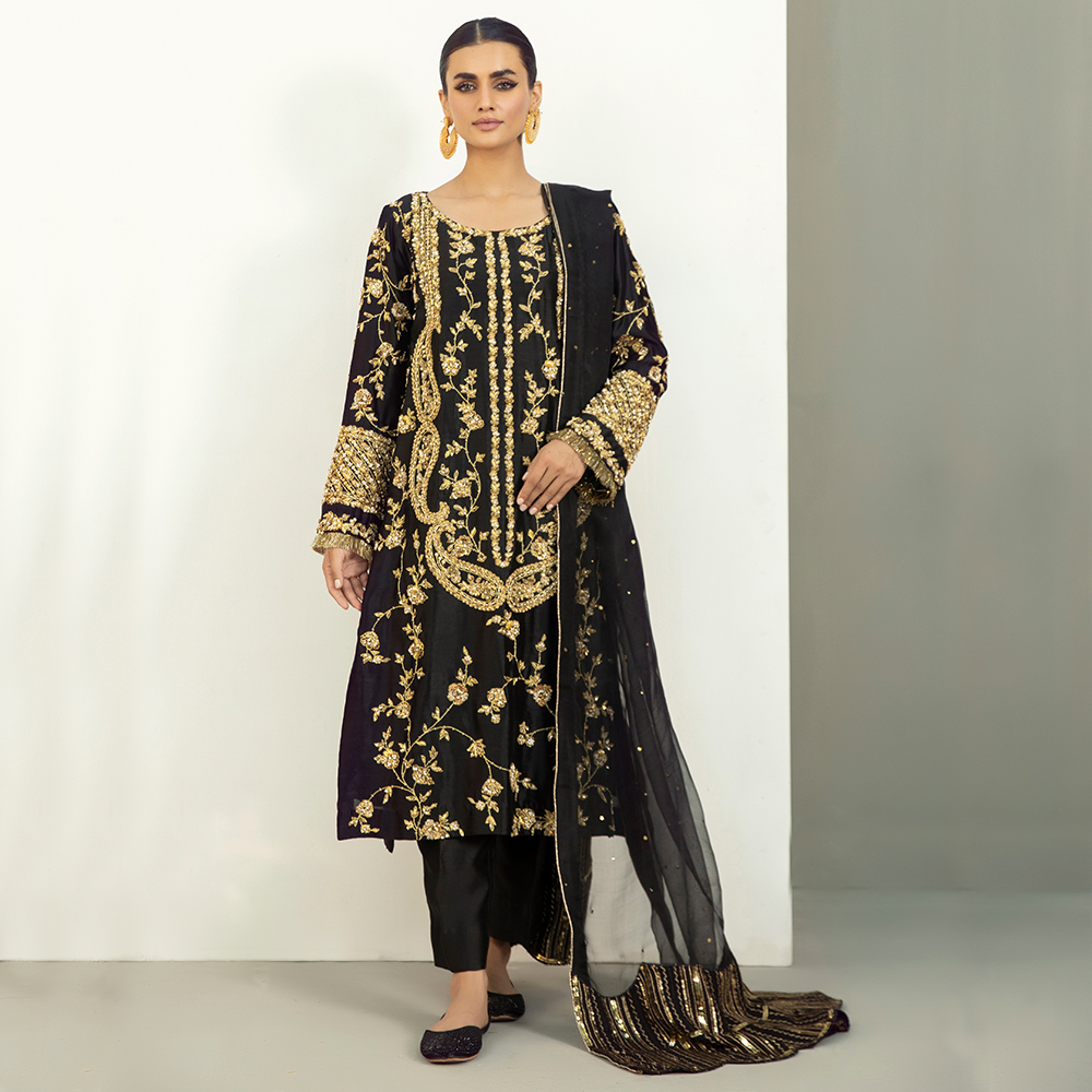 Black Hand-Embellished Pure Tissue Silk Kurta Set (3-Piece) - Image 1